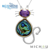 Silver & Gold Cat Pendant with Amethyst and Shell- 18"
